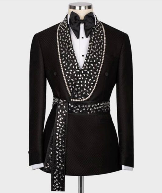 BELTED CRYSTAL EMBELLISHED BLACK DOUBLE BREASTED SHAWL LAPEL TUXEDO