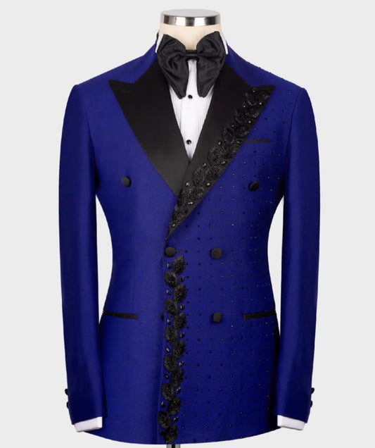 CRYSTAL EMBELLISHED PATTERN BLUE DOUBLE BREASTED PEAK LAPEL TUXEDO