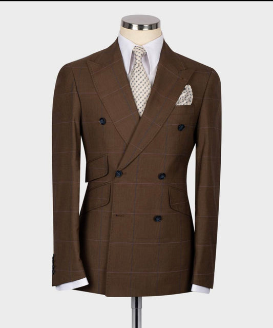 BROWN WITH BLUE WINDOWPANE  PEAK LAPEL DOUBLE BREASTED SUIT