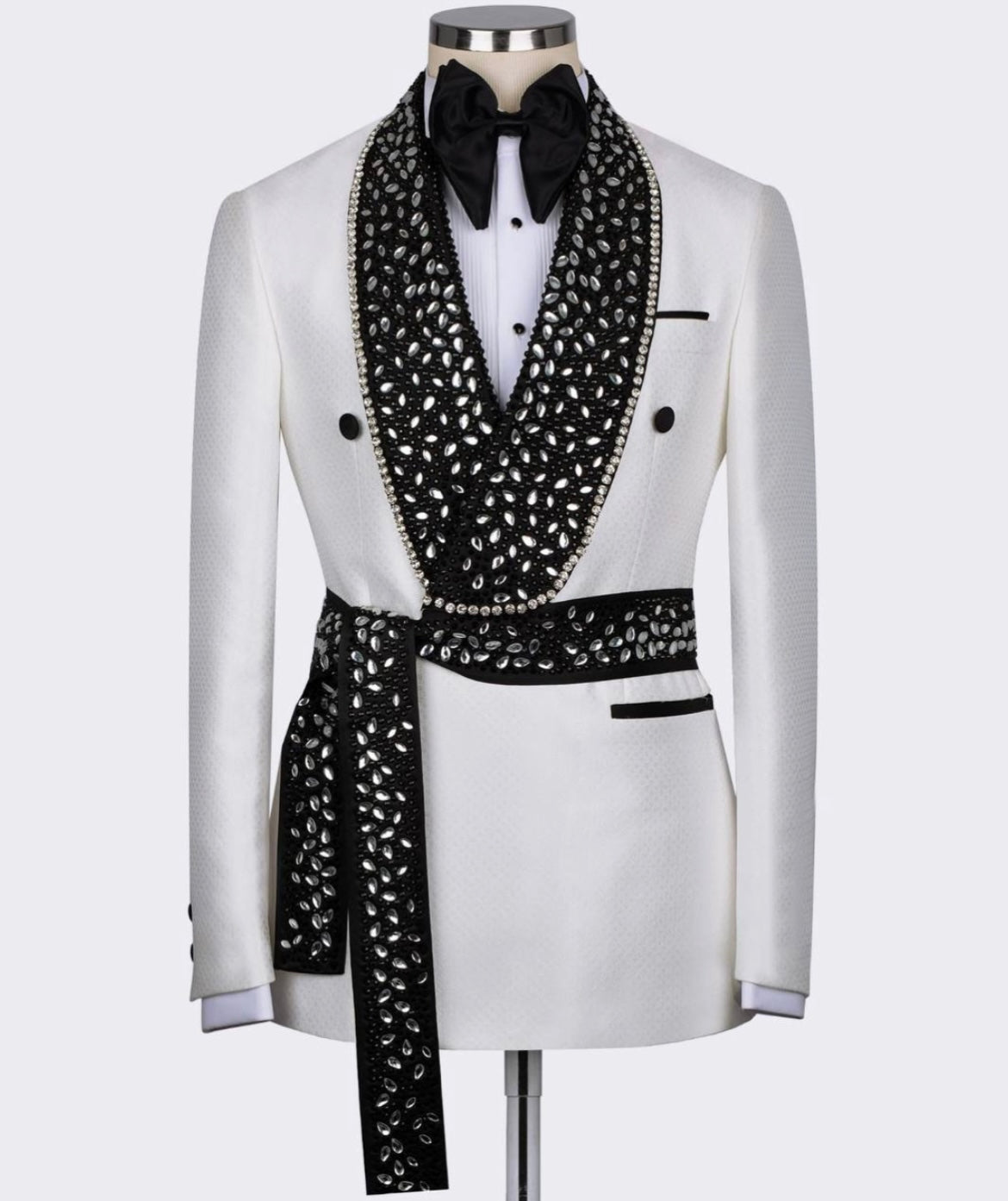 BELTED CRYSTAL EMBELLISHED WHITE DOUBLE BREASTED BLACK SHAWL LAPEL TUXEDO