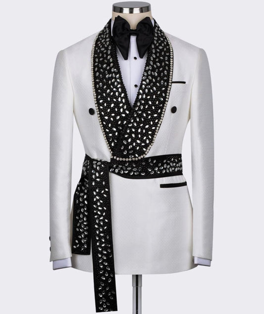BELTED CRYSTAL EMBELLISHED WHITE DOUBLE BREASTED BLACK SHAWL LAPEL TUXEDO