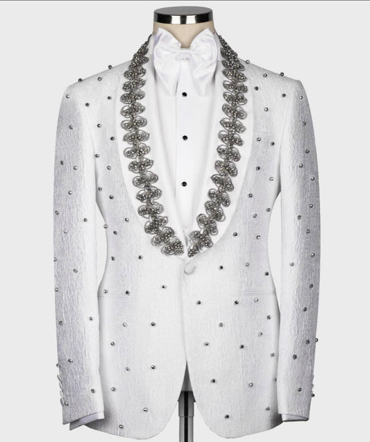 GRAY PEARL EMBELLISHED WHITE SHAWL LAPEL TUXEDO