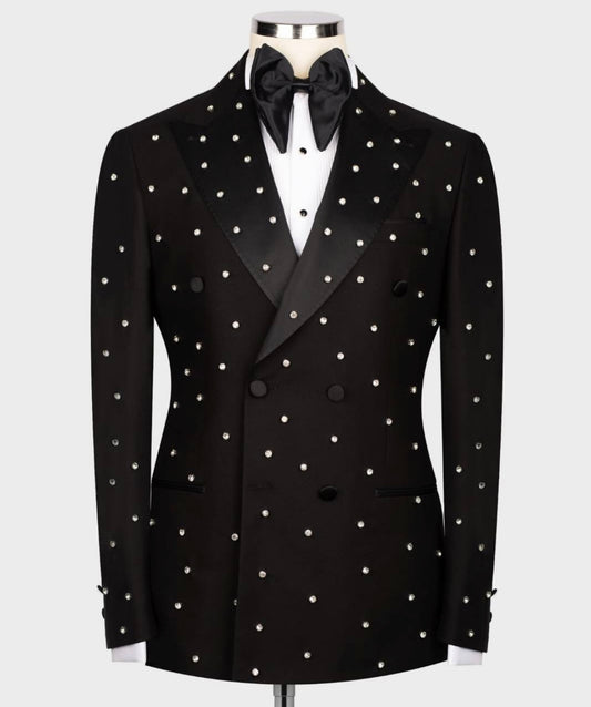 CRYSTAL EMBELLISHED BLACK DOUBLE BREASTED PEAK LAPEL TUXEDO