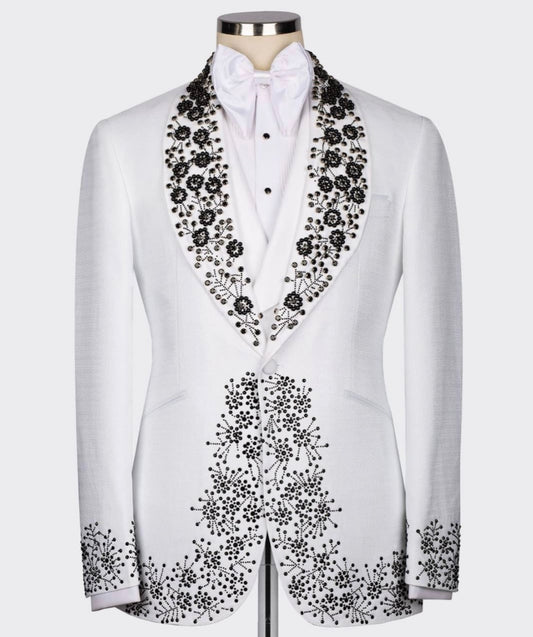 BLACK STONE EMBOSSED WHITE SHAWL LAPEL TUXEDO
