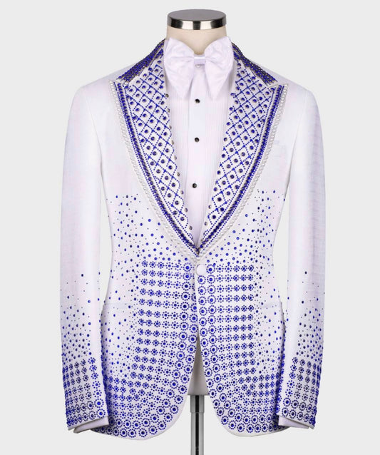 BLUE STONE EMBOSSED WHITE PEAK LAPEL TUXEDO