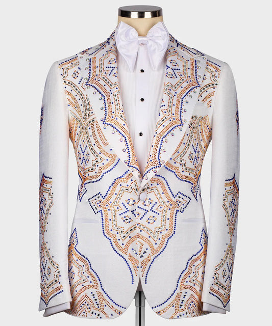 BLUE & GOLD STONE EMBOSSED WHITE PEAK LAPEL TUXEDO